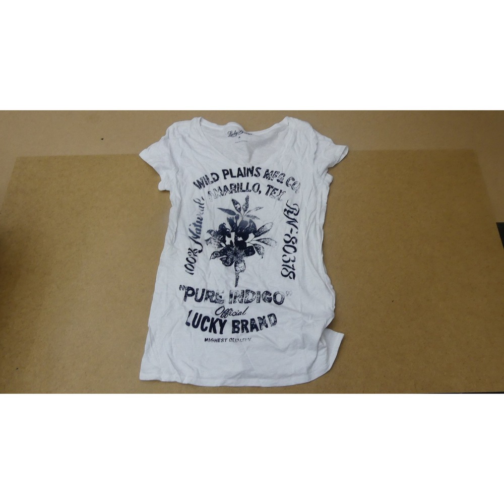 Lucky Brand Graphic Tee Womens Medium White Pure Indigo V-Neck Cotton T-Shirt